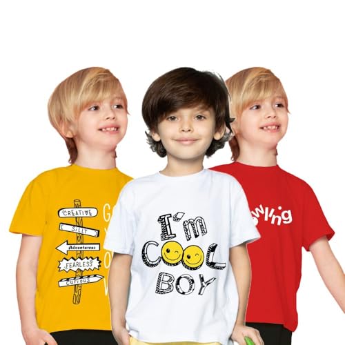 Image of Yazh Texworld Boys Round Neck Blended Cotton T-Shirts | Regular Fit | Half Sleeve | Casual Wear | Trendy | Combo Pack of 3 | Multicolor | Soft, Durable, and Stylish for Everyday use