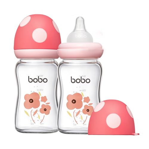 Image of YOHKOH Natural Glass Baby Bottle with Natural Response Nipple, Newborn Anti-Colic Baby Bottles, Wide Neck Mushroom Cap Baby Bottle, Clear ((5.4oz (Pack of 2), Red-1)