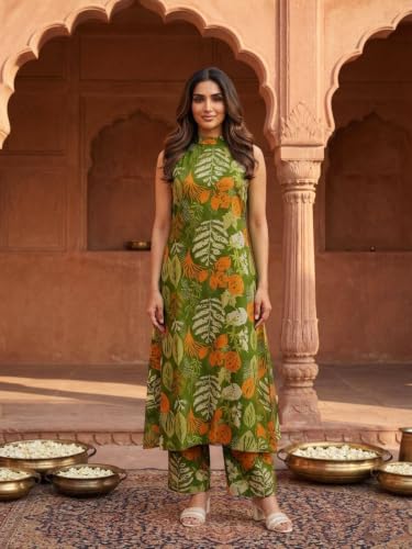 Image of OOMPH! Women's Hulter Neck Kurta & Bottom Set | Straight Kurta Outfits | Ethnic Set | Kurti Set for Woman