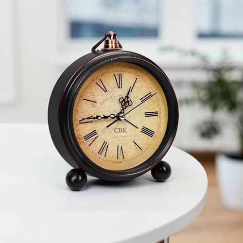 Image of CBK Vintage Style Analog Alarm Clock with Roman Numerals | Classic Table Clock | Antique Look Desk & Bedside Clock for Home, Office, and Bedroom