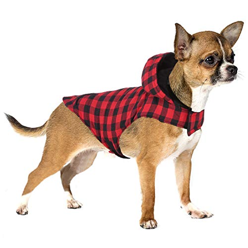 RYPET Dog Plaid Hoodie Small - British Style Plaid Dog Coat Thickness Warm Cotton Lined Dog Sweaters for Small Medium Large Dogs Red S