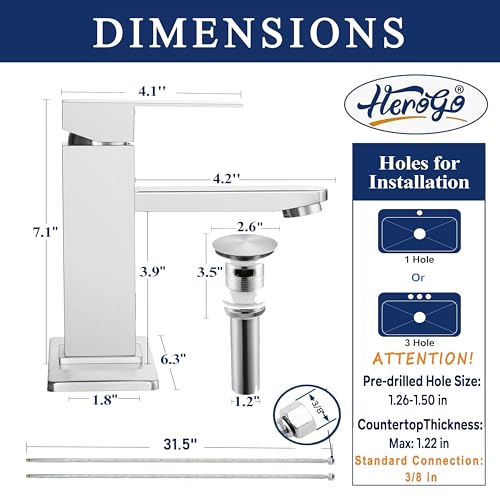 Image of Herogo Touchless Bathroom Faucets Brushed Nickel Stainless Steel Automatic Motion Sensor Bathroom Faucet RV Bar Sink Faucet for 1-3 Hole Single-Handle with Pop Up Drain Stopper Water Supply Hoses