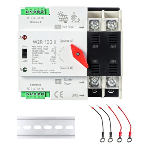 63A AC 110V Dual Power Automatic/Manual Transfer Switch 2P, Mini ATS Solar Auto Transfer Switch for Home Generator 2POLE 63Amp 110Volt, Din Rail Fast Changeover Transfe 50/60Hz for Rv, Lv Power