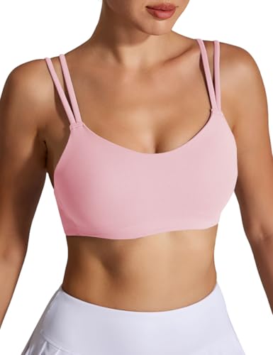 Image of Yoga Sports Workout Bras for Women Seamless Molded Cup Spaghetti Double Strap Bra Wirefree Scoop Neck Tank Top Bras