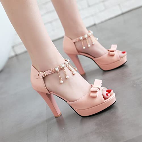 Hello Shero Women Fashion Peep Toe Platform High Chunky Thick Heel Sandals Ankle Strap d’Orsay Pendant Bowknot Dress Shoes Party Event Wedding Prom3