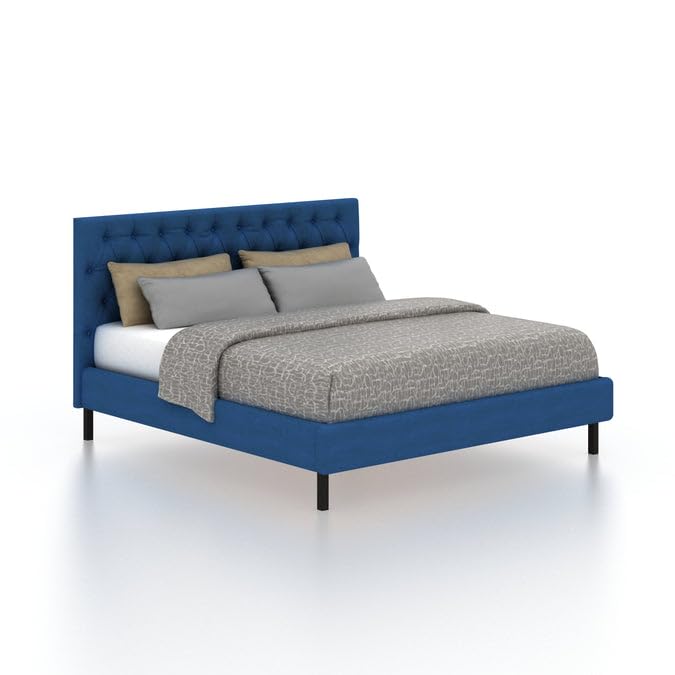 Image of Ganpati Arts Sheesham Wood Fabrio Upholstered King Size Bed Without Storage and Tufted Headboard | Durable Wooden Double Bed Cot Palang for Bedroom, Hotels and Home Furniture (Blue-1 Year Warranty)