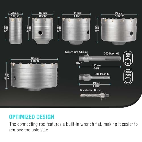 Image of BINOTA 15PCS 40-125 mm (1-9 /16 inch to 4-15 /16 inch) Concrete Hole Saw Kit | Tungsten carbide drill set; SDS-Plus & SDS-Max shanks; Cross-type center drill bit; Dry drilling for concrete /brick /stone