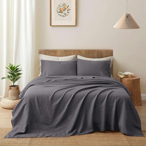 Image of ATLINIA 100% Pure Flax Linen Bedding Set - Stone Washed French Linen Fabric Deep Pocket Fitted Sheet Farmhouse Flat Sheet 2 Pillowcases (Dark Grey, Full)