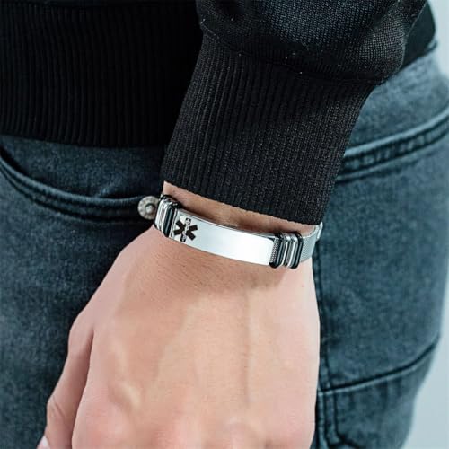 2 Packs Medical Alert ID Bracelet for Men Women,Custom Name ICE Engraved Identification Bracelets Adjust Mesh Chain Wristband Emergency Awarenes Jewelry for Diabetic Autism Allergy Epilepsy4