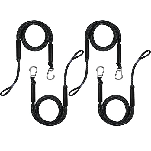 Jranter Bungee Dock Lines Boat Rope for Docking with Loop and Clip Marine Mooring Rope Boat Tie Downs Accessories for Jet Ski, PWC, Pontoon, Kayak, SeaDoo, WaveRunner, Canoe (Black with Clips)
