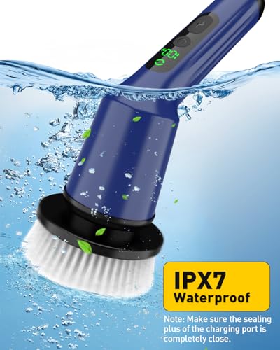 Image of Electric Spin Scrubber for Cleaning Bathroom, Shower Scrubber Cordless Cleaning Brush with IPX7 Waterproof & 2 Speed, 3 Brush Heads, Bathroom Cleaning Supplies for Shower Tub Kitchen Tile Toilet Navy