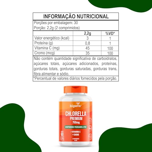 Chlorella Premium 750mg, vitamina c, cromo, 60 comprimidos, Biogens