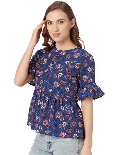 Image of Style Quotient Women Blue & Pink Floral Print A-Line Top