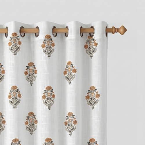 Image of LINENWALAS Decorative Cotton Linen Sheer Curtains 6 Feet for Window -Block Printed Door Curtain | Grommet Hanging Style Pack of 2 Panels |Light Filtering Sheer Drapes (Sandstone Floral)