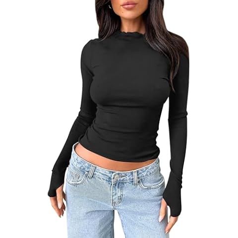 cailami Women's Long Sleeve Going Out Tops Mock Neck Ribbed Slim Fit Basic Shirts, Large, Black Cover