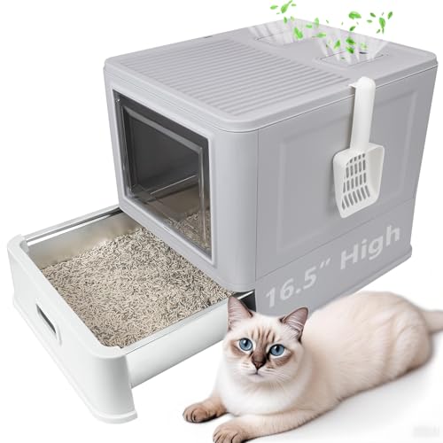 Enclosed Stainless Steel Cat Litter Boxes,Large Foldable Litter Box with Lid,Hooded Covered Stainless Steel Cat Litter Box,Easy Cleaning,No Urine Leakage,Deeper Pan