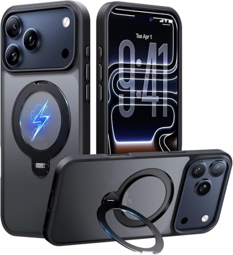 Image of DIZORO Silicone Magnetic Ring Stand Compatible for iPhone 17 Pro Max Case [Military Drop Protection] [Compatible with MagSafe] Shockproof Case Matte Translucent Slim Phone Case - (Black)