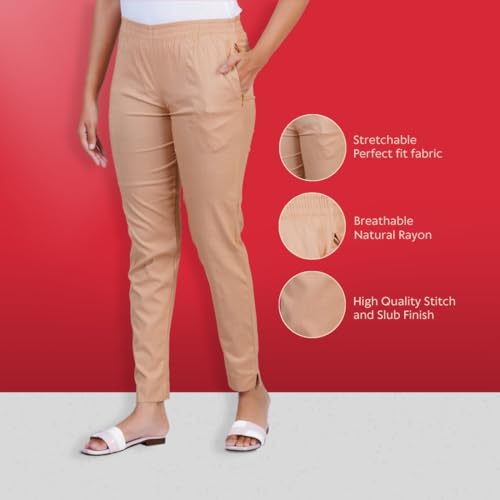 Image of Happy Bunny Cotton Blend Lycra Kurti Pants for Women, Soft 30% Stretch Full Length Trousers with Elastic Waist & Zip Pocket, Ideal for Office, Work, Casual, Home Wear Breathable Slim Fit