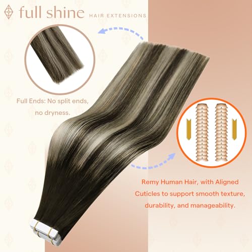 Image of Full Shine Tape in Extensions, Dark Brown Ash Blonde Ombre 14 Inch | 50g 20PCS, Straight Invisible Tape Ins Human Hair Extensions, Seamless Skin Weft Soft Finish for Daily Natural Styling