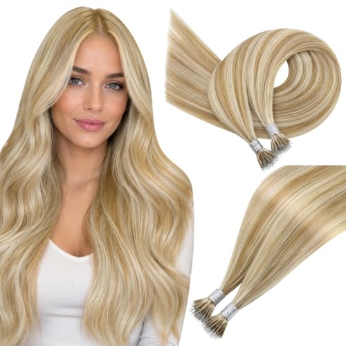 Image of Easyouth 20 Inch Nano Extensions Real Human Hair Highlight Nano Bead Hair Extensions Human Hair Honey Blonde Highlight Blonde Nano Ring Hair Extension Add Length 50g 50s