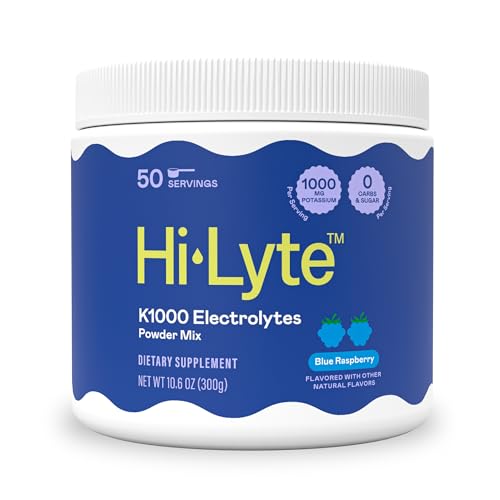 Image of Hi-Lyte K1000 Blue Raspberry Electrolytes Powder, 50 Servings - 1000mg Potassium + Magnesium, Sodium, Trace Minerals - 0 Carbs, 0 Sugar