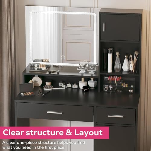 Image of Palimder Vanity Desk with Mirror & Light, Large Drawer Three Level Storage Dresser, 3 Lighting Modes Adjustable Brightness, Bedroom Dressing Table