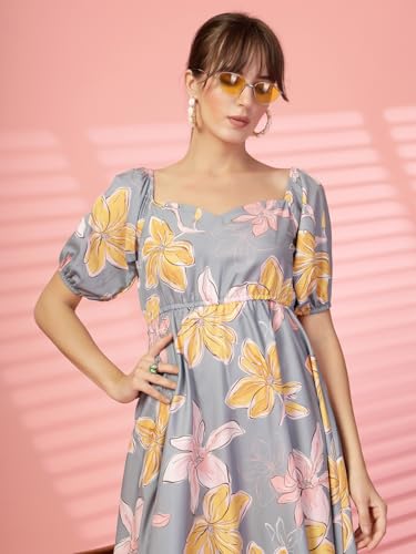 Image of OOMPH! Below Knee Shift Pink Dress in Crepe Fabric with Round Neck and Puff Sleeves - md619l