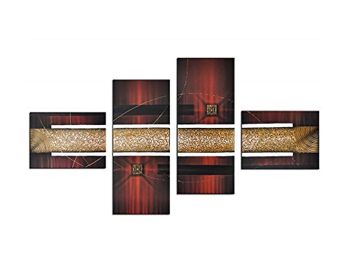 Noah Art-Modern Abstract Artwork, 100% Hand Painted With Acrylic Burgundy Red Abstract Oil Paintings On Canvas, 4 Panel Gallery Wrapped Framed Gold Abstract Wall Art For Living Room Home Decor #TOP13