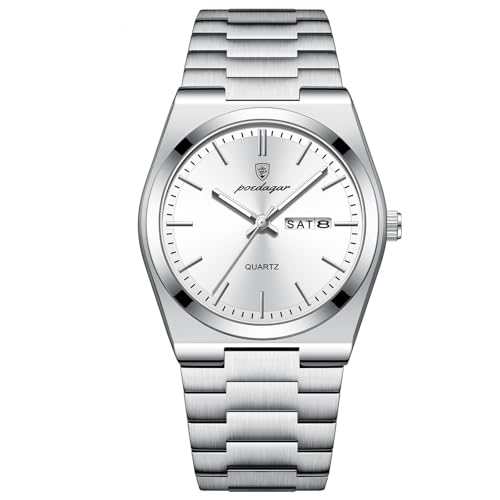 Image of Poedagar Quartz Man Wristwatch Waterproof Luminous Date Week Men Fashion Business Classic Watches Stainless Steel Men's Watch (Silver White)