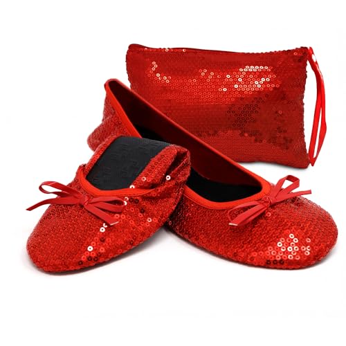 Silky Toes Foldable Sequin Shoes for Women | Comfortable Dressy Flats for Weddings Parties & Events | Ballet Purse Slippers Red