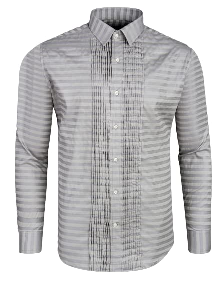 FRENCH CROWNPale Slate Gray and Mountain Mist Gray Snake Pleated Striped Dobby Tuxedo Shirt