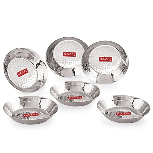 Image of HAZEL Stainless Steel Snack Plate 18.5cm Hammered Design Set of 6 | Kopri Dish Nashta Serving Plate Breakfast Steel Thali, 650ml