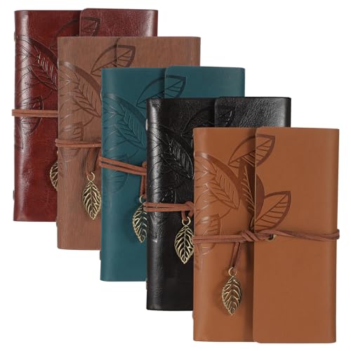 5 PCS PU Leather Notebook, Travel Journal Book with Blank Pages and Pendant, Refillable Vintage Diary for Women, Men, Girls, Boys for School and Holiday Gifts (A7 7 x 5 Inches)
