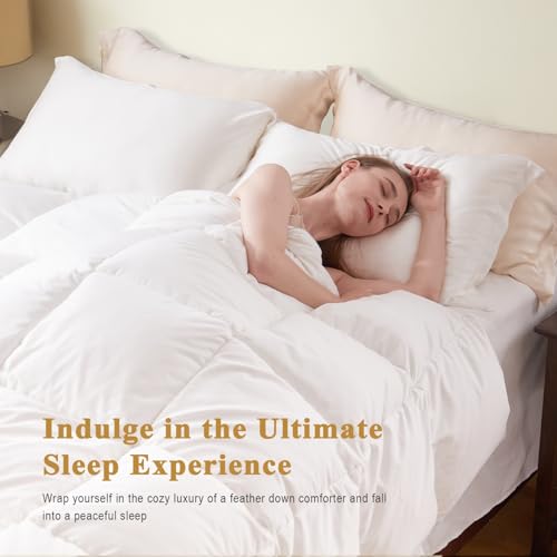 100% Organic Feather Down Comforter Full/Queen Size, Luxury Extra-Fluffy Duvet Insert, All Season Bed Comforter with Ultra-Soft Organic Cotton Case (90x90 Inch, Ivory White)