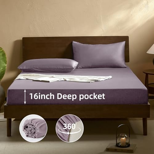 Image of EVERLY Queen Sheets Set,Luxuriously 400 Thread Count Organic Viscose Derived from Bamboo Bed Sheet,Cooling Sheets for Queen Size 4 Piece Deep Pockets Bedding Sheets &Pillowcases-Purple