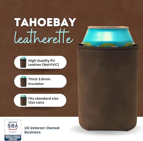 Image of TahoeBay Leatherette Can Cooler Sleeves in Bulk, 12-Pack, Brown | Blank Faux Leather, Plain Neoprene Beer Coolers for 12 oz Cans, Blanks for Heat Transfer Vinyl, Groomsmen Gifts, Party Favors