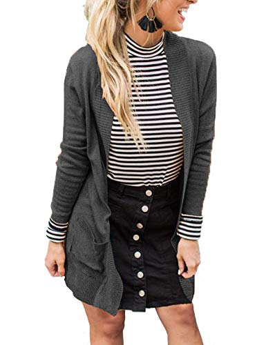 VOIANLIMO Womens Open Front Lightweight Casual Knit Charcoal Long Cardigan Sweaters with Pockets Large