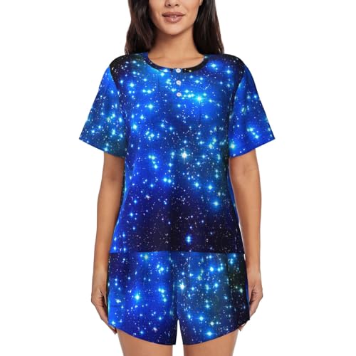 Pyjama 2 pièces femme bleu avec col rond et poches pratiques