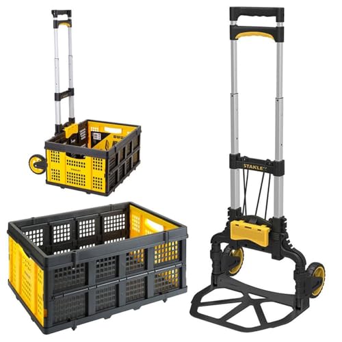 Stanley Diable Pliable et Caisse Pliante FT501/FT505 - Chariot de Transport 70 kg - Caisse Pliante 25 kg - Shopping, Manipulation et déménagement - Noir/Jaune