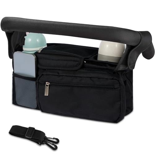 Baby Stroller Organizer with 2 Insulated Cup Holder, Waterproof Oxford Pushchair Caddy Organizer, Detachable Pocket, Adjustable Shoulder Strap, Pram Bag Portable for Baby Essentials (Black)