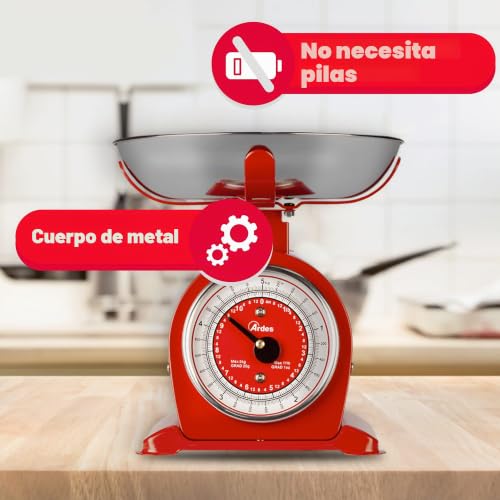 Miniatura 5 de Ardes Ar1pa3m Báscula De Cocina Mecánica Estilo Retro Báscula Bascula Vintage Con Bol Extraíble En Acero Inoxidable Peso Máx 5 Kg Roja