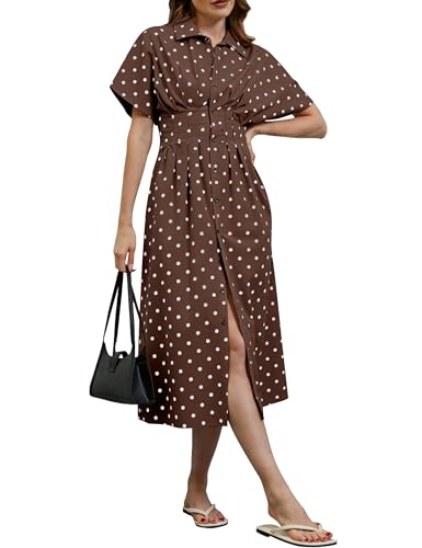 Image of MSBESYOR Women Button Front Pleated Shirt Maxi Dress Summer Striped Prints Short Sleeve Collar Casual Long Dresses