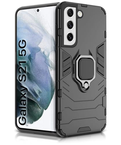 Image of WOW IMAGINE Shock Proof Back Case Mobile Cover for Samsung Galaxy S21 5G | Back Cover Case (Tough Armor | Hybrid PC + TPU | Ring Holder & in-Built Kickstand | Black)