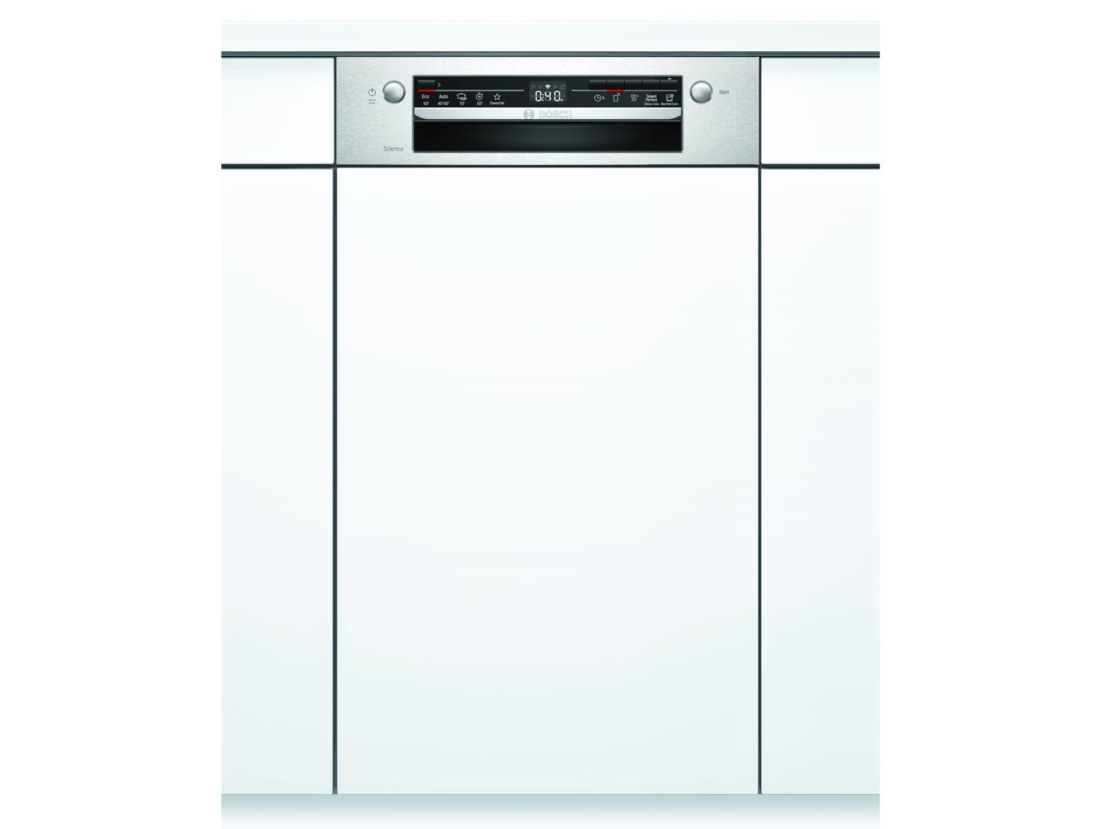 Bosch Lavavajillas SPI2IKS10E Serie 2 parcialmente integrado, F, 45 cm, acero inoxidable, 78 kWh/100 ciclos, 9 MGD, secado extra, cesta para cubiertos Vario, Home Connect
