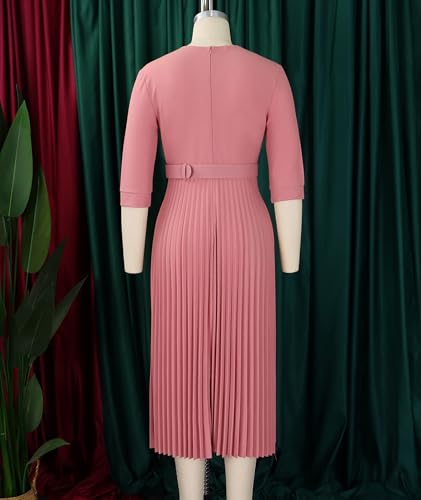 Image of SOMTHRON Women's Elegant 3 /4 Sleeve Blazer Dress V Neck Lapel Pleated Business Work Swing Midi Dress with Belt