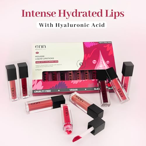 Image of ENN Long Lasting Semi Matte Liquid Lipsticks -16 Hour Coverage, Transfer-Proof, Highly Pigmented, Enriched with Hyaluronic Acid, Vitamin E & Argan Oil - Pack of 8 (Test & Trail)