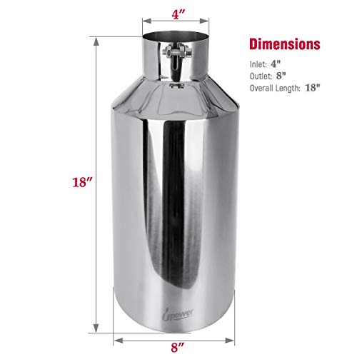 Upower Diesel 4 Inch Inlet to 8" Exhaust Tip 304 Mirror Polished Exhaust Tailpipe 18" Long 45Degree Angle Cut Bolt-On