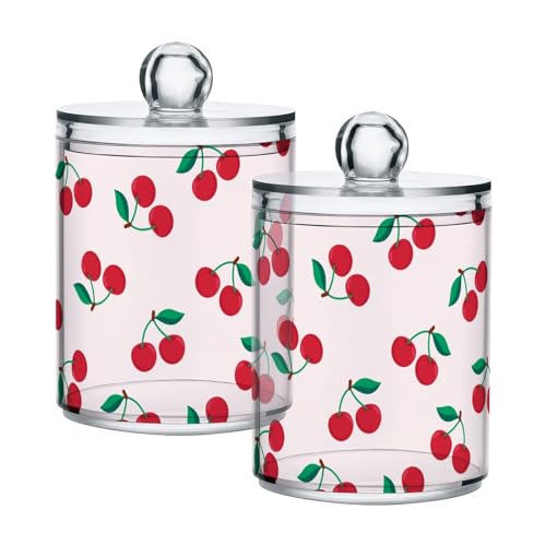 Takiito Cherry Print 2 Pack Qtip Holder Dispenser for Cotton Swabs, Cotton Ball, Pads, Floss, 10 oz Plastic Apothecary Jar Set with Lid, Bathroom Makeup Organizer