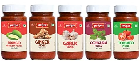 Priya Pickles Combo of 5 Pickle With Garlic 300g Each -Mango,Ginger, Garlic,Gongura, Tomato I Total 1500gm