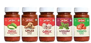 Pickles Combo of 5 Pickle With Garlic 300g Each -Mango Pickle,Ginger Pickle, Garlic Pickle, Gongura Pickle, Tomato Pickle